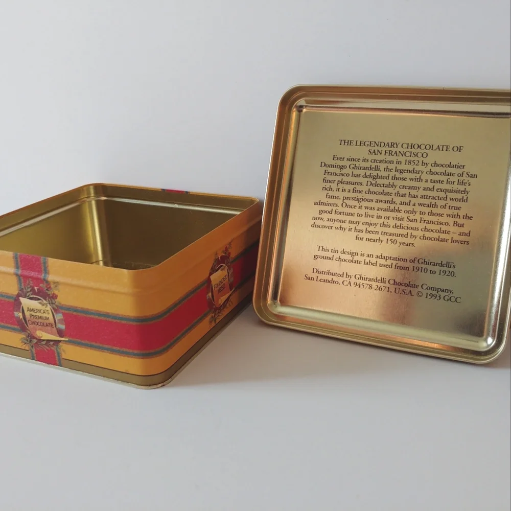 Vintage Ghirardelli's Chocolate Tin Square Gold Green Red 1993